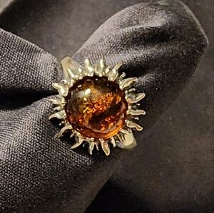 Amber honey sunburst ring, .925 sterling silver, sz: 8 NEW! Artisan made, unisex